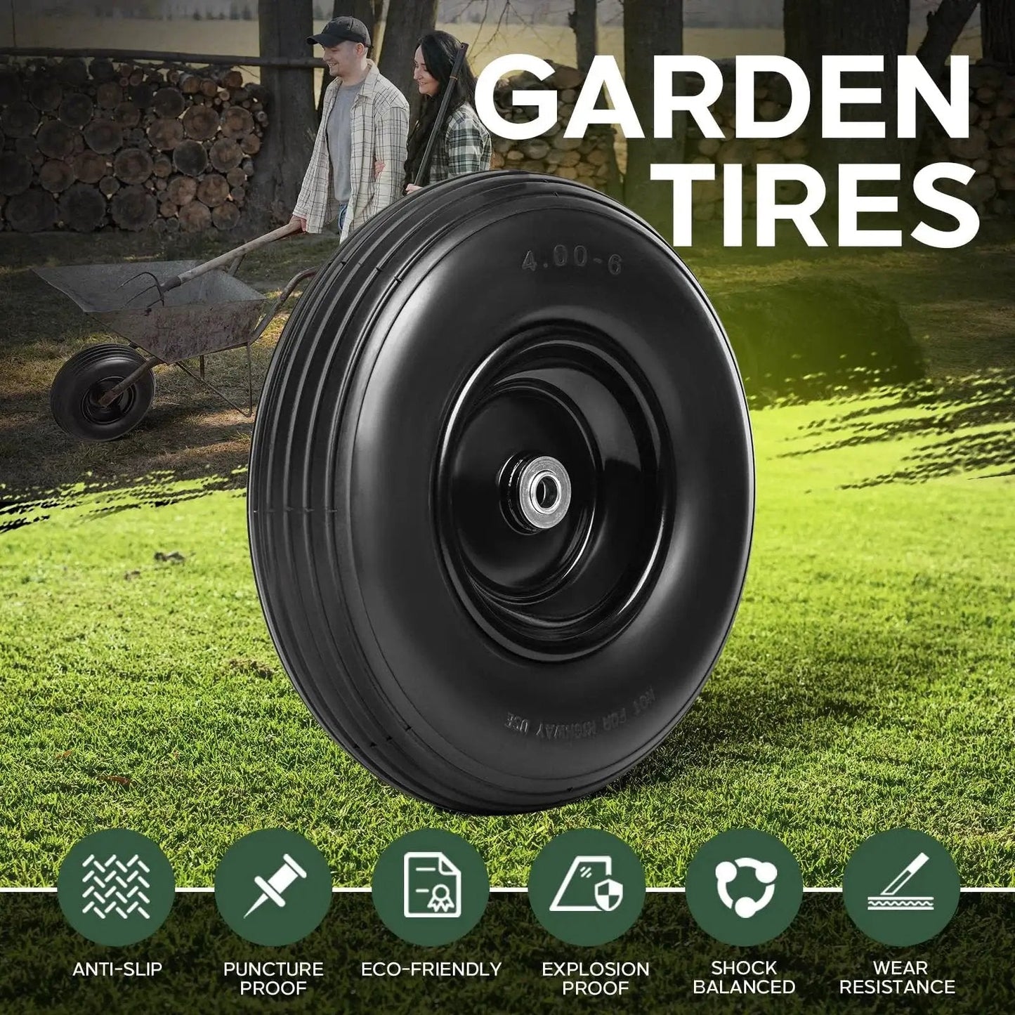 13 Inch Solid Flat Free Replacement Tire And Wheel 4.00-6 With Five Eighth Inch Axle Bore for Garden Carts, showcasing durability features.