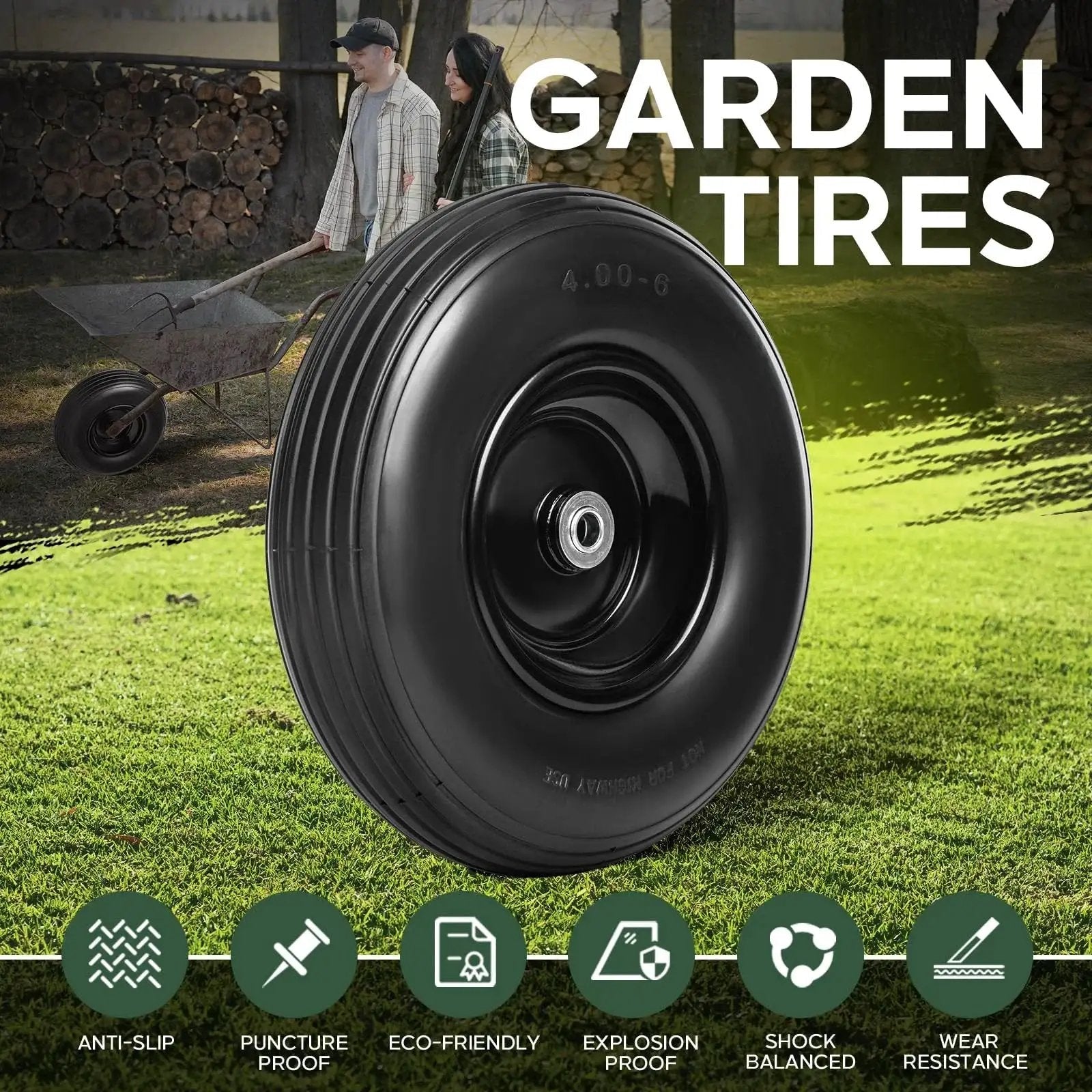 13 Inch Solid Flat Free Replacement Tire And Wheel 4.00-6 With Five Eighth Inch Axle Bore for Garden Carts, showcasing durability features.