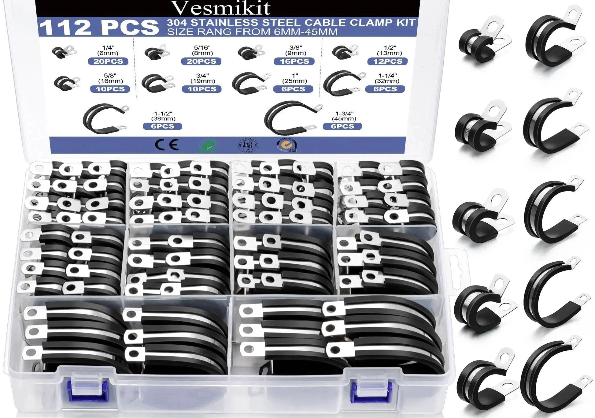 112 Piece Cable Clamps Kit Stainless Steel 304 Rubber Cushioned Assortment For Hoses Tubes Automotive Fuel Line And Wiring Ten Sizes From One Quarter Inch To One And Three Quarters Inch Anti Rust Waterproof Oil Proof Salt Resistant