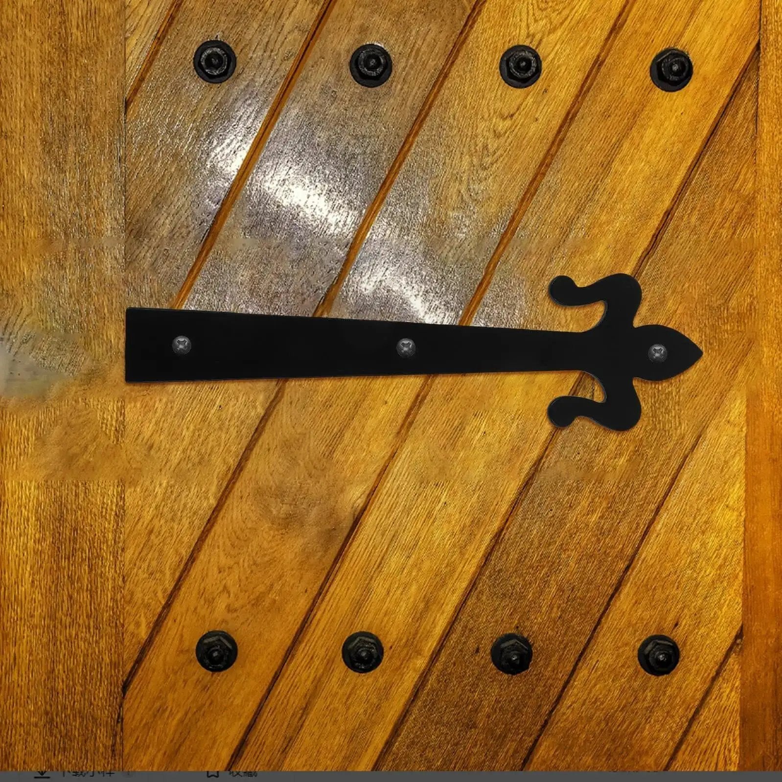 Shaped Shed Door Hinges Lift Off Hardware mounted on wooden door with visible iron build for durability.