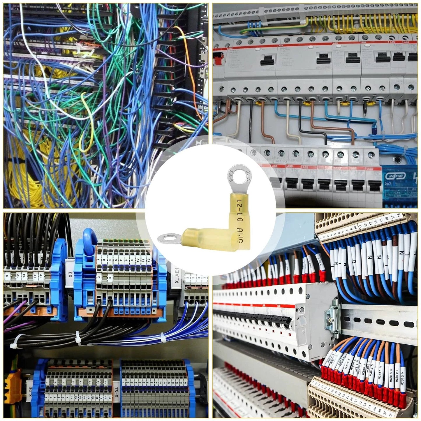Heat Shrink Ring Terminals For 12 To 10 AWG Wire 100 Pcs Insulated Eyelet Connectors visible in electrical wiring setups