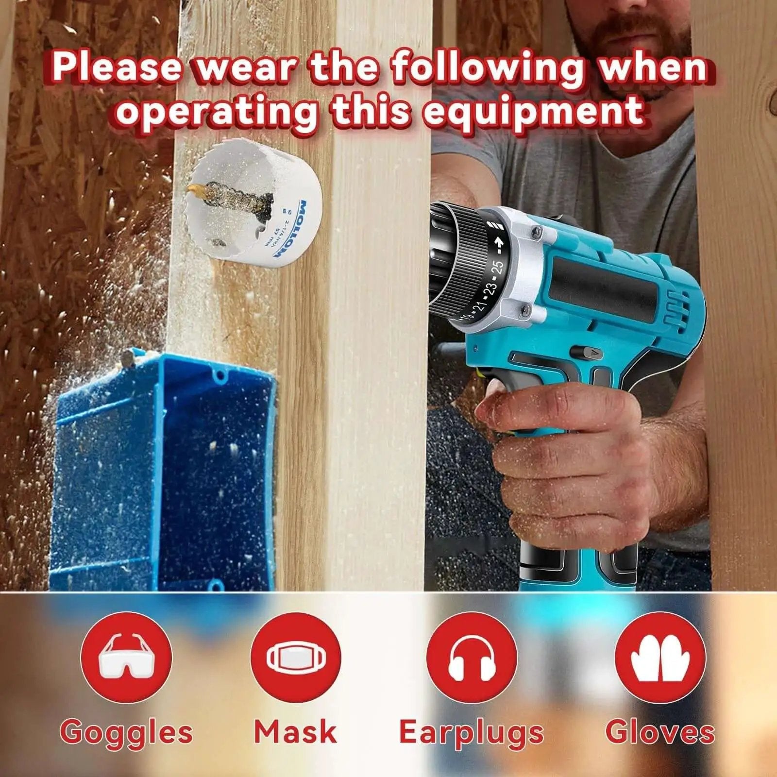 Heavy Duty Bi Metal Hole Saw Set 19mm And Three Quarter Inch HSS M42 with Cobalt Arbor shown drilling in wood wall