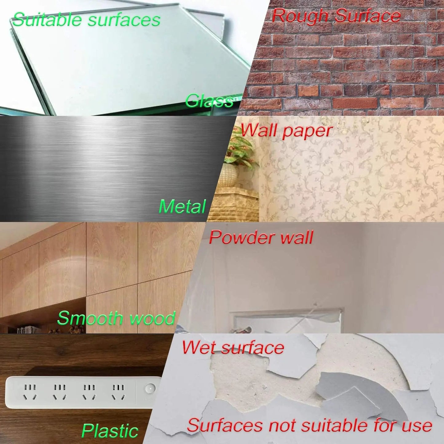 Image showing suitable and unsuitable surfaces for Double Sided Mounting Tape Heavy Duty 0.25 Inch Wide 10 Feet Black Waterproof Foam Tape 5925 VHB
