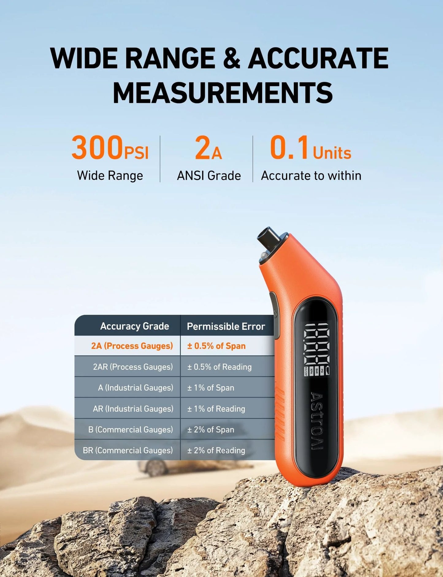 Digital Tire Pressure Gauge 3-300 PSI With Backlit Display And Flashlight, Pro Grade ANSI B40.7 Grade 2A 0.5% Accuracy, 4 Units, Presta Valve Adaptor Included, Works With Cars Trucks Motorcycles And Bikes, Orange AstroAI shown on a rocky surface.