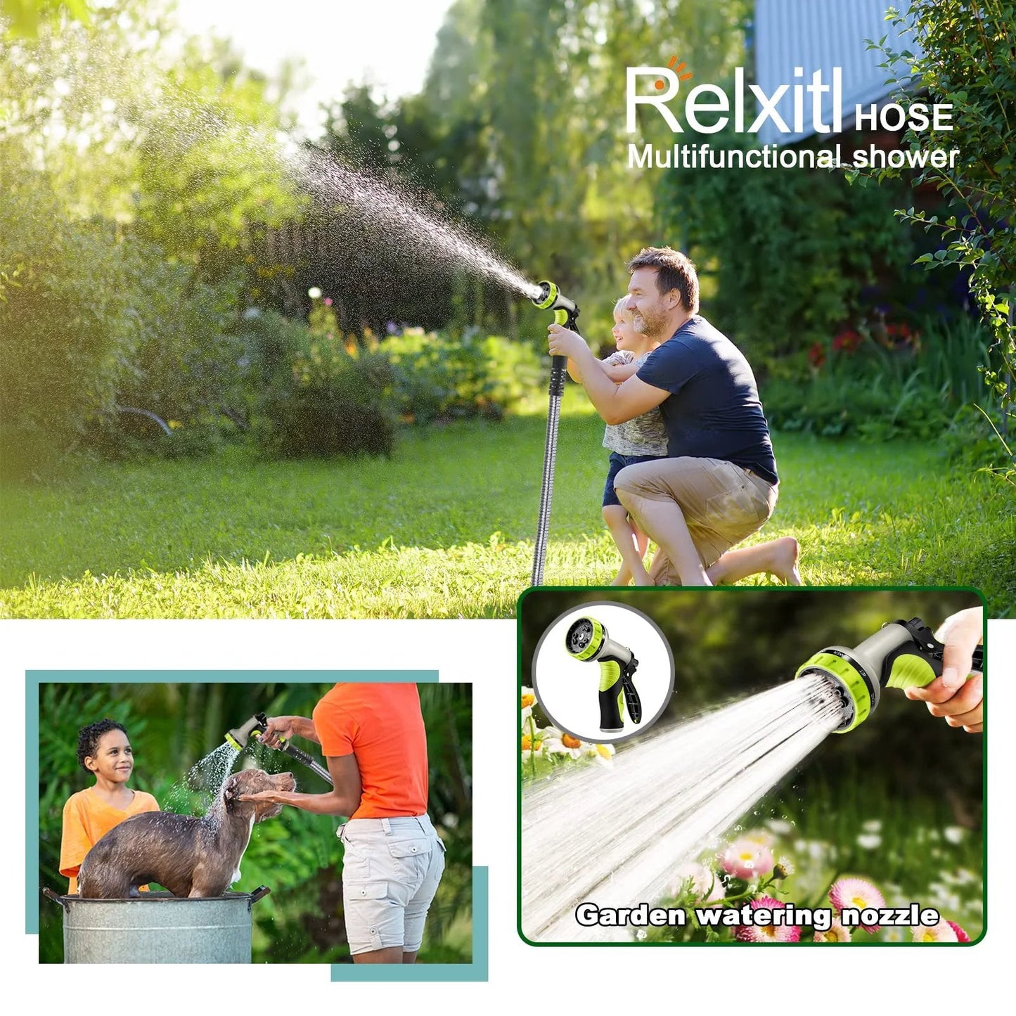 Heavy Duty 50 Ft Stainless Steel Garden Hose With Ten Function Nozzle Flexible No Kink And Lightweight And Durable For Outdoor Use Pressure Resistant Yellow in use.
