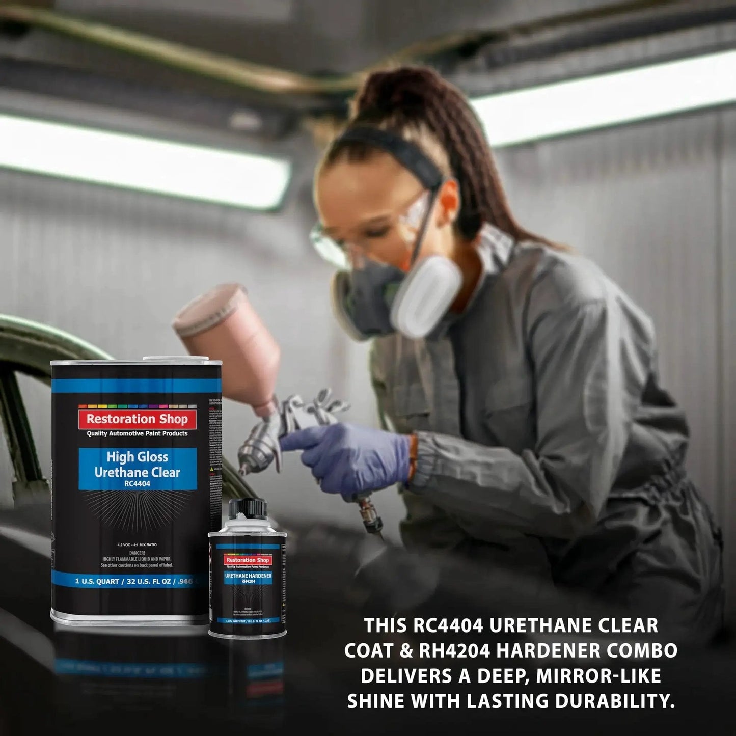 Person using spray gun with 1.25 Quarts 2K Urethane Clear Coat Kit With 4 To 1 Hardener For Gloss Refinish on car panel
