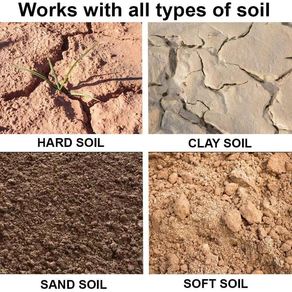 Four soil types: hard soil with sprout, cracked clay soil, coarse sand soil, soft soil with loose texture, suitable for auger drills.