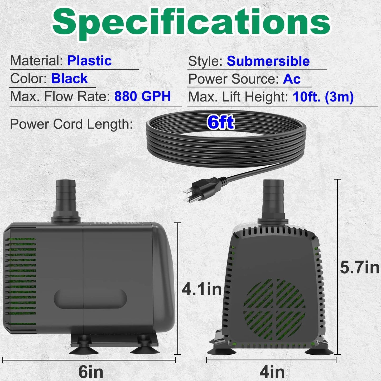 Ultra Quiet Submersible Pump 880 GPH 3500 LPH 60W with overheating protection, black plastic, side and front view with power cord specifications.