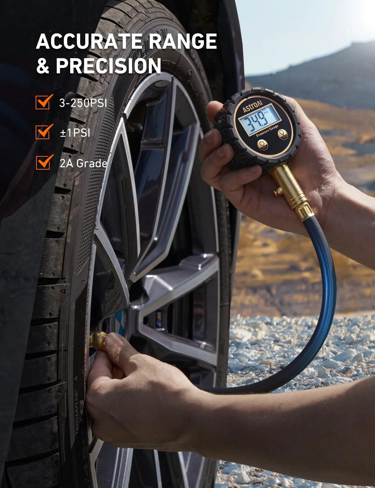 Person using Car Tire Pressure Gauge With Backlit LED, Solid Brass Construction And Rubber Hose, on car tire outdoors.