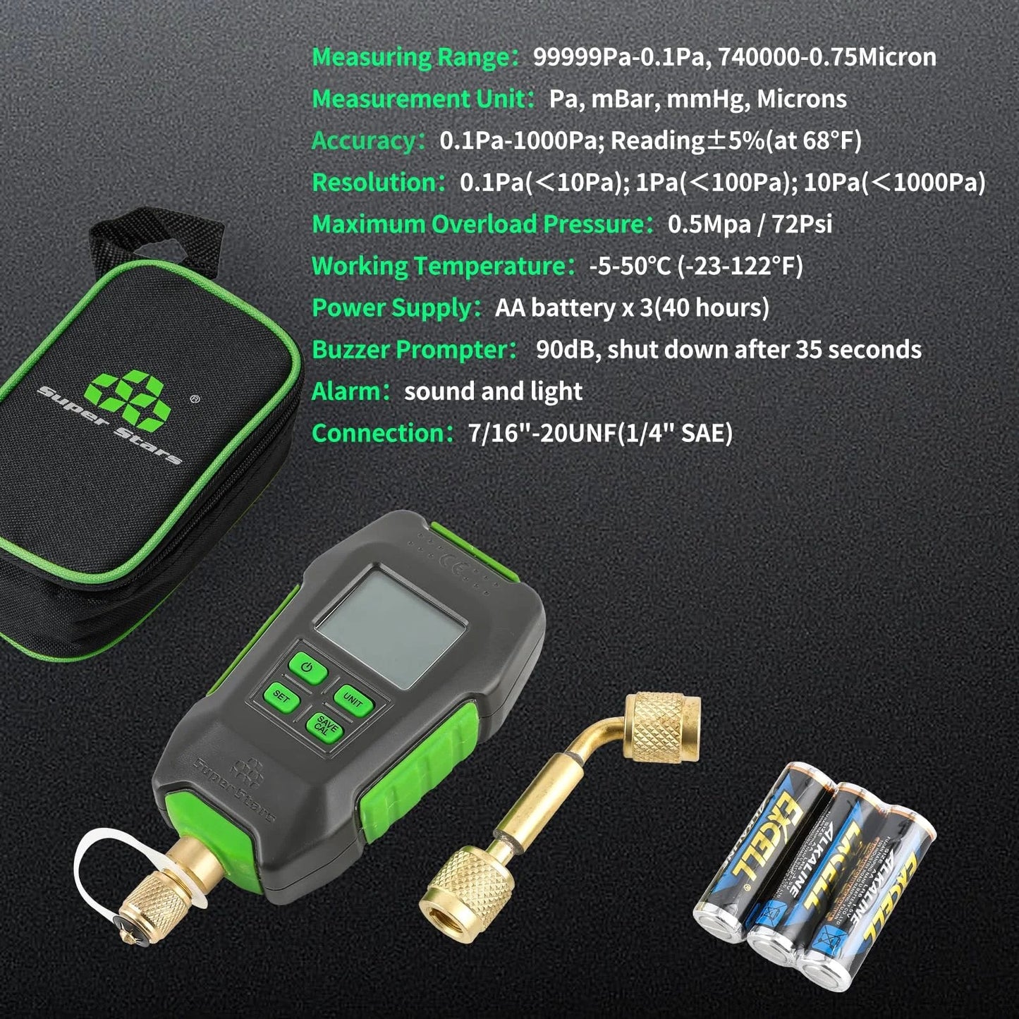 Digital Micron Vacuum Gauge for HVAC with alarm, temp compensation, one-quarter inch SAE port, LCD backlit display, Pirani sensor