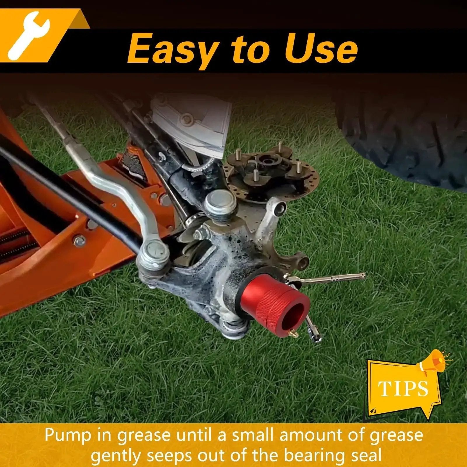 Upgraded 40mm and 44mm Wheel Bearing Greaser Tool With Storage Tube For UTV Front And Rear Bearings in use on Polaris vehicle
