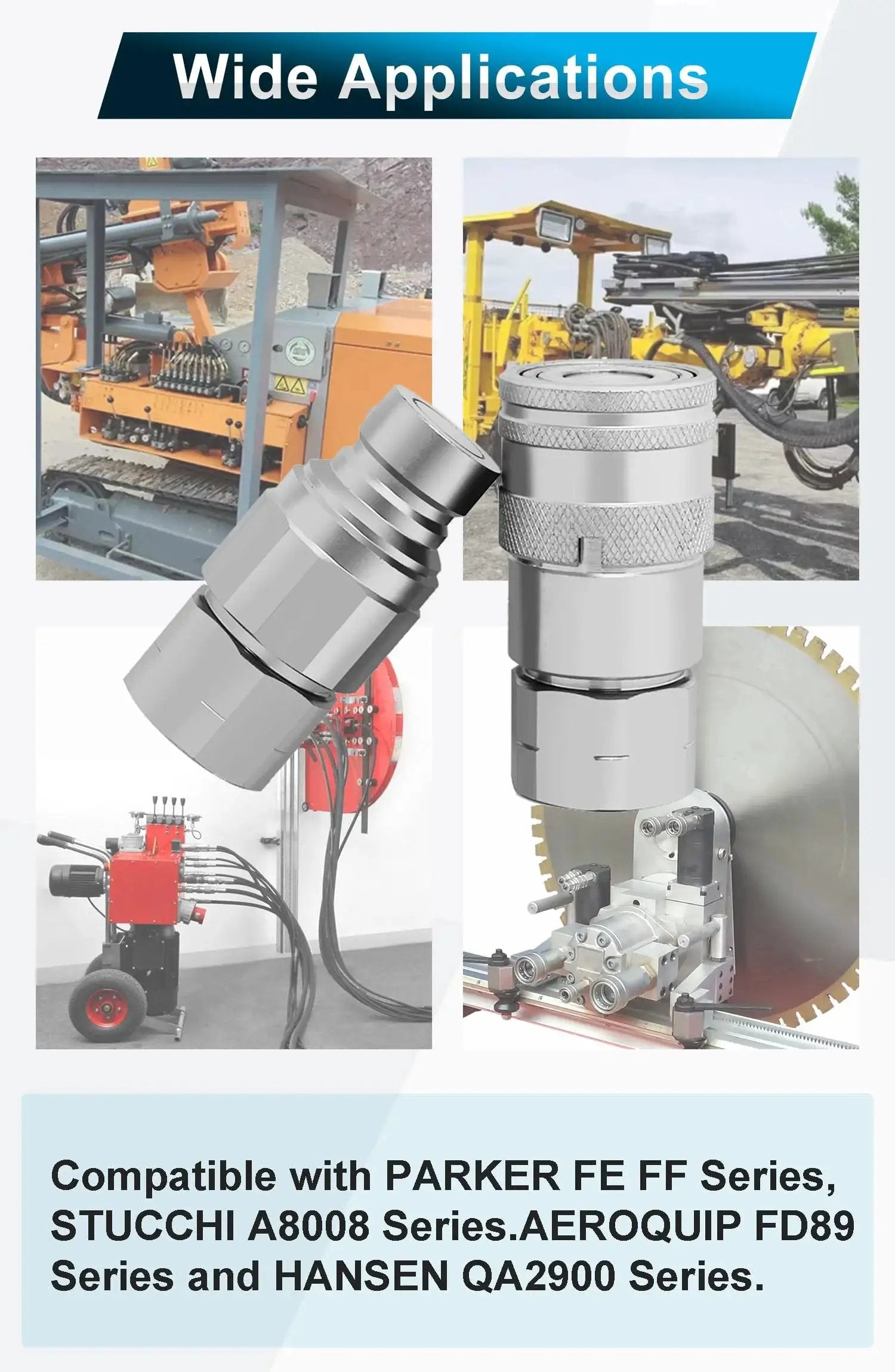 Collage showing applications of the Flat Face Hydraulic Quick Connect Couplers Set With Dust Caps for skid steer Bobcat.