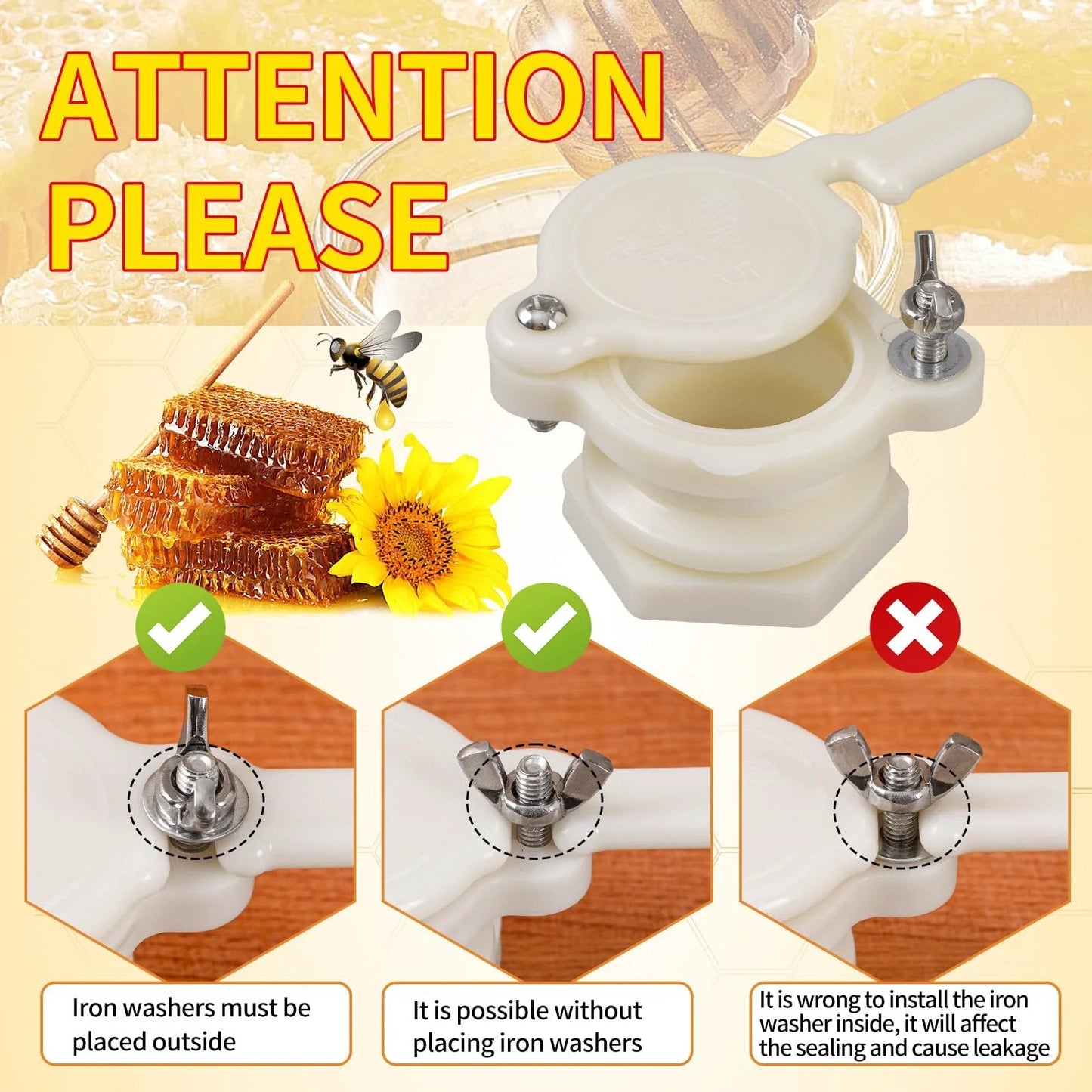Beekeeping Honey Gate Valve 3 Pack For 5 Gallon Buckets Food Grade Nylon showing installation tips with illustrations