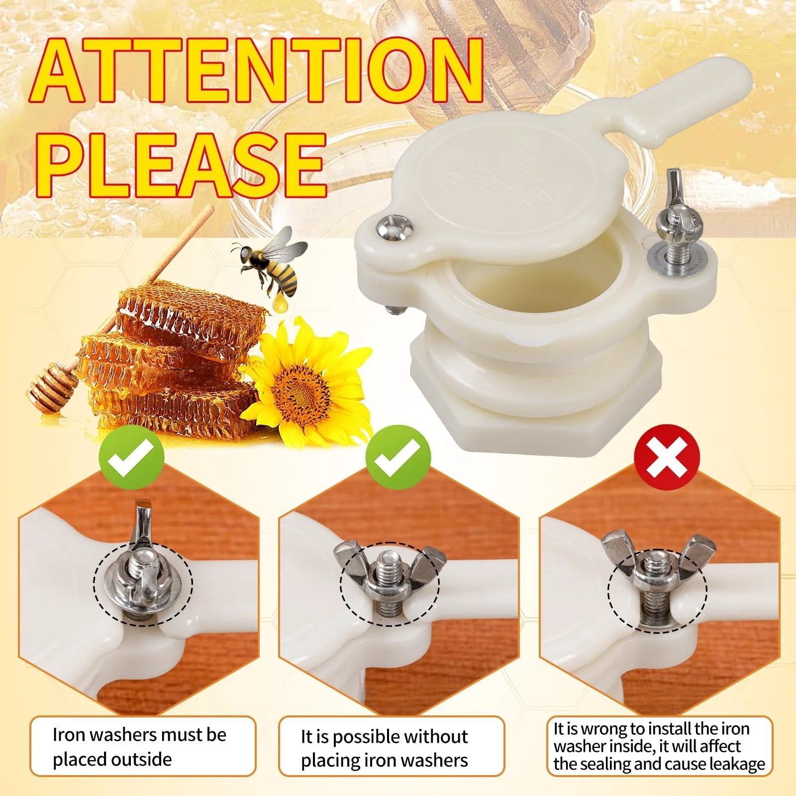 Beekeeping Honey Gate Valve 3 Pack For 5 Gallon Buckets Food Grade Nylon showing installation tips with illustrations