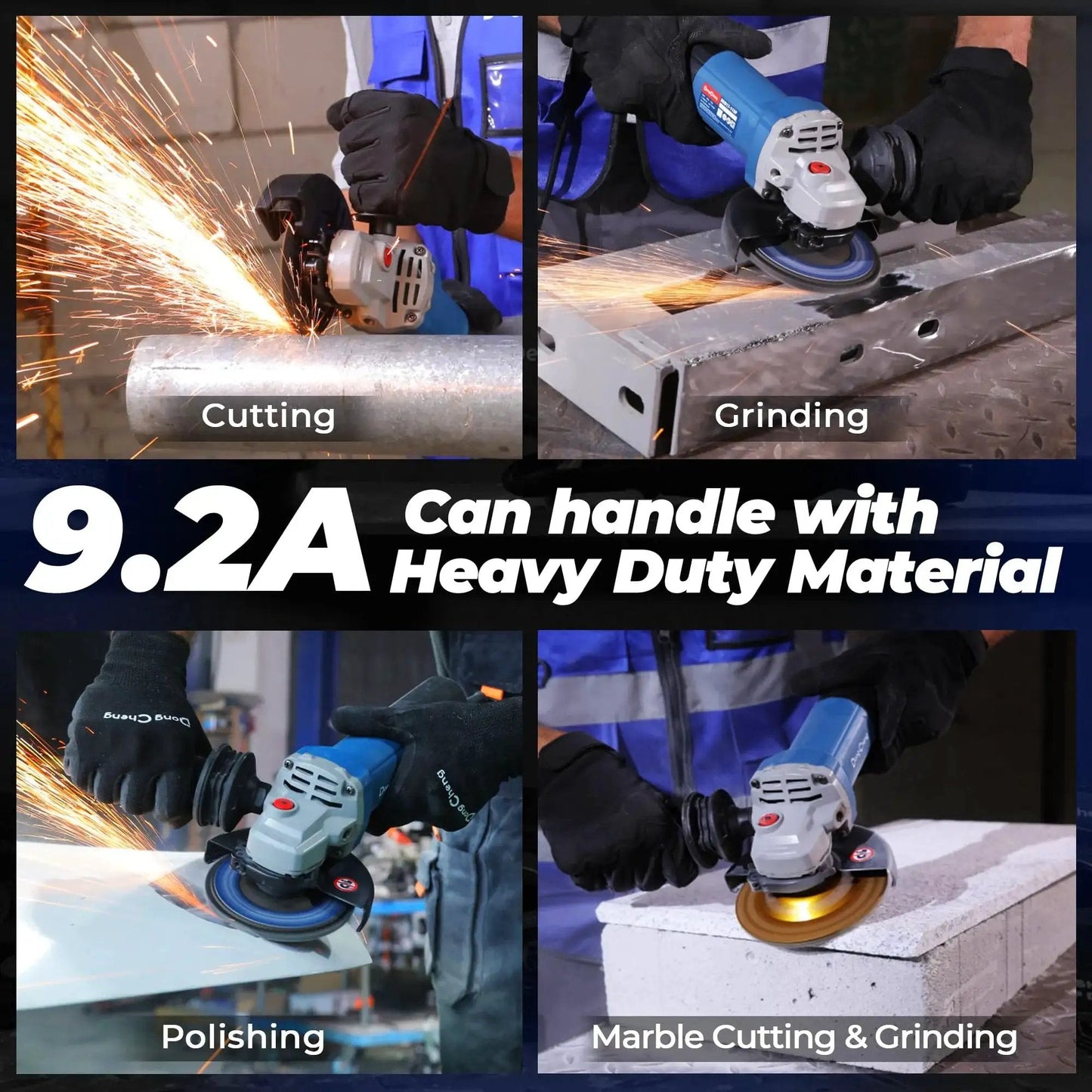 Beast Power 9.2 Amp Corded Angle Grinder 4 And A Half Inch 11800 RPM With Tool Free Guard Paddle Switch in use for cutting, grinding, polishing.