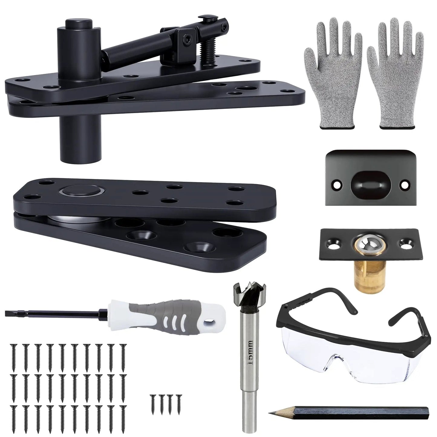 Heavy Duty Hidden Door Hinge By AURIXUS With 573 Lb Capacity, includes hardware, gloves, goggles, and pencil