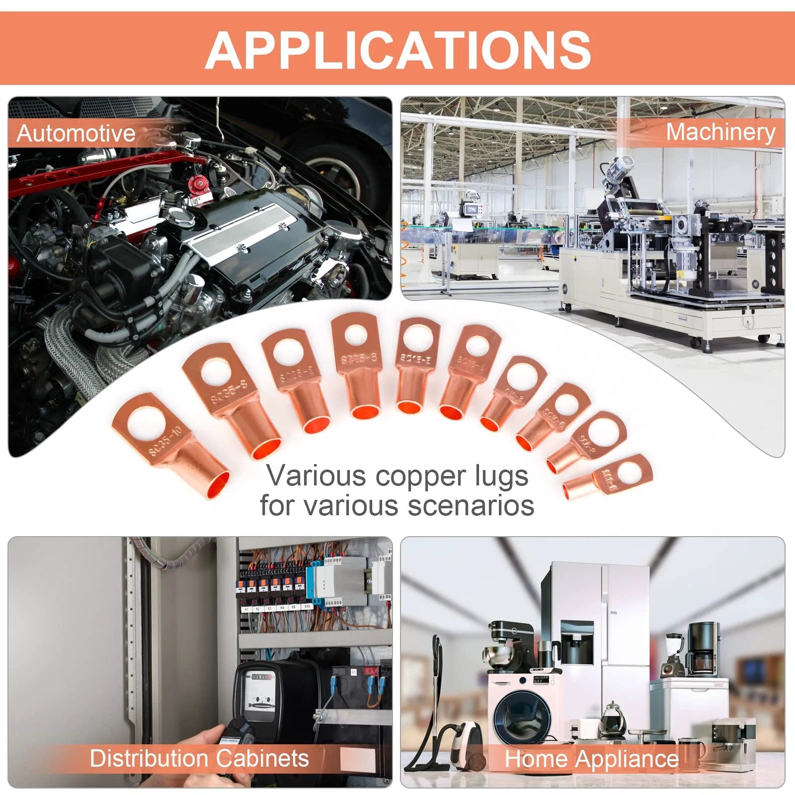 Image showing applications of Must Have Copper Wire Lugs And Terminal Connectors Kit With Heat Shrink Tubing 130 Pcs Battery Cable Ends Bare Copper Eyelets And Ring Terminals For AWG 12 Through 2, featuring automotive, machinery, distribution cabinets, and home appliance installations.