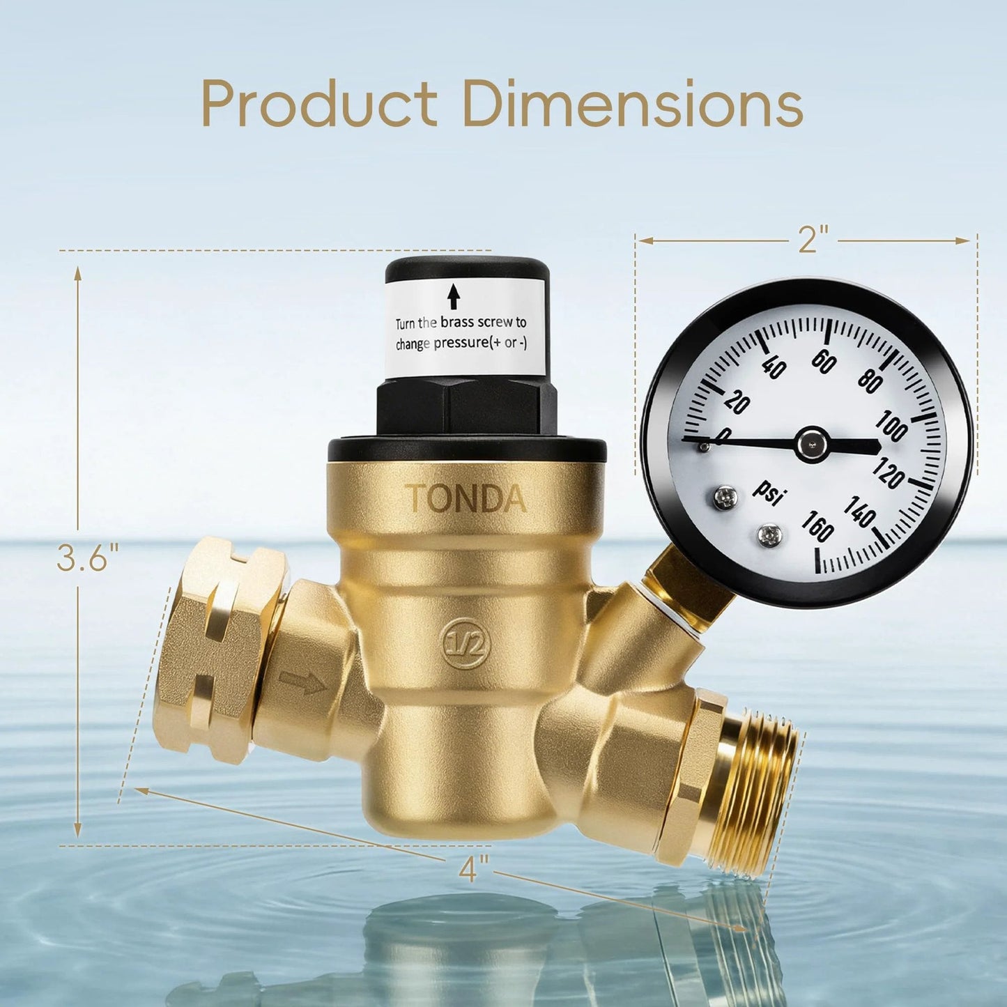 Front view of Lead Free Brass RV Water Pressure Regulator With Gauge and Inlet Screen Filter Adjustable 0 To 160 PSI