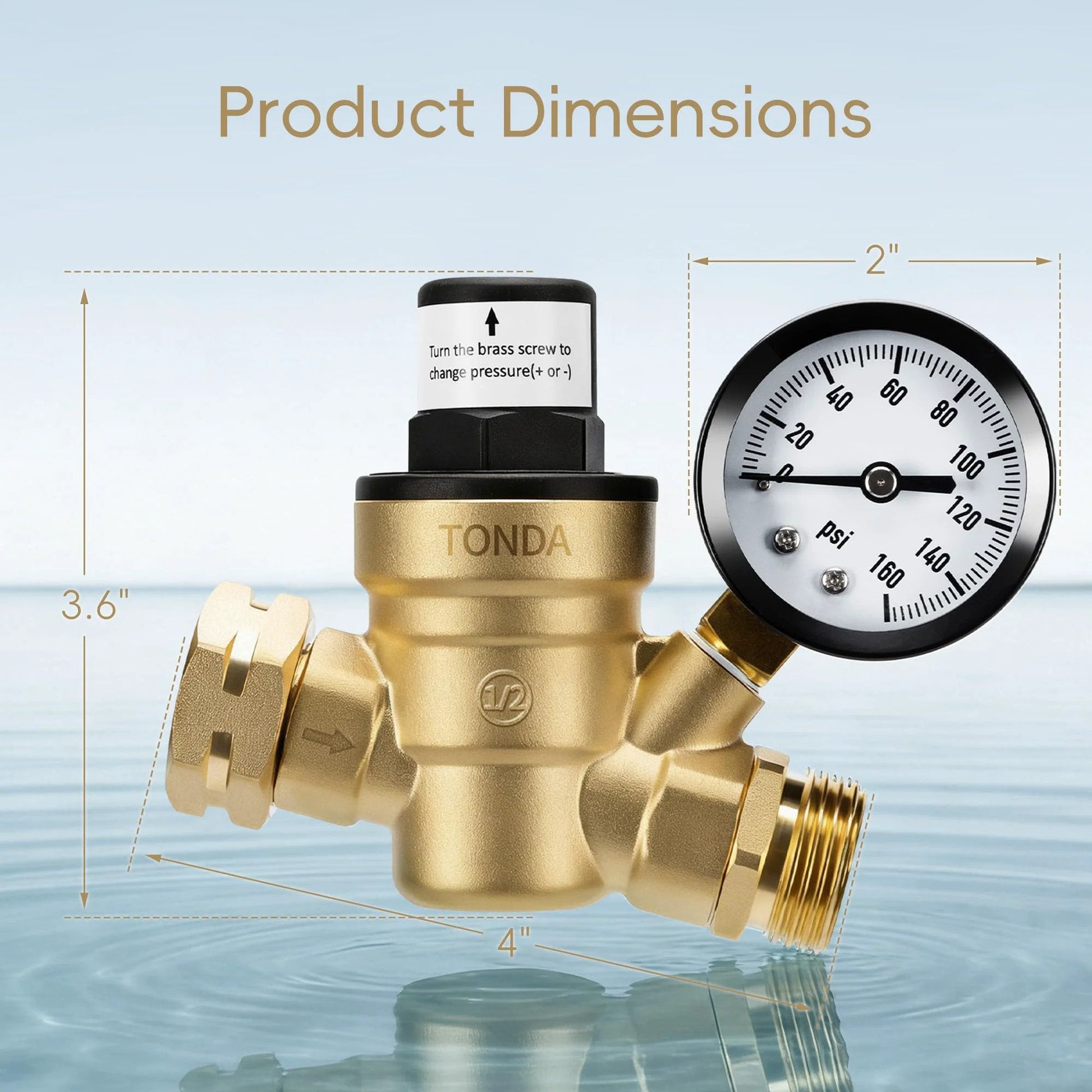Front view of Lead Free Brass RV Water Pressure Regulator With Gauge and Inlet Screen Filter Adjustable 0 To 160 PSI