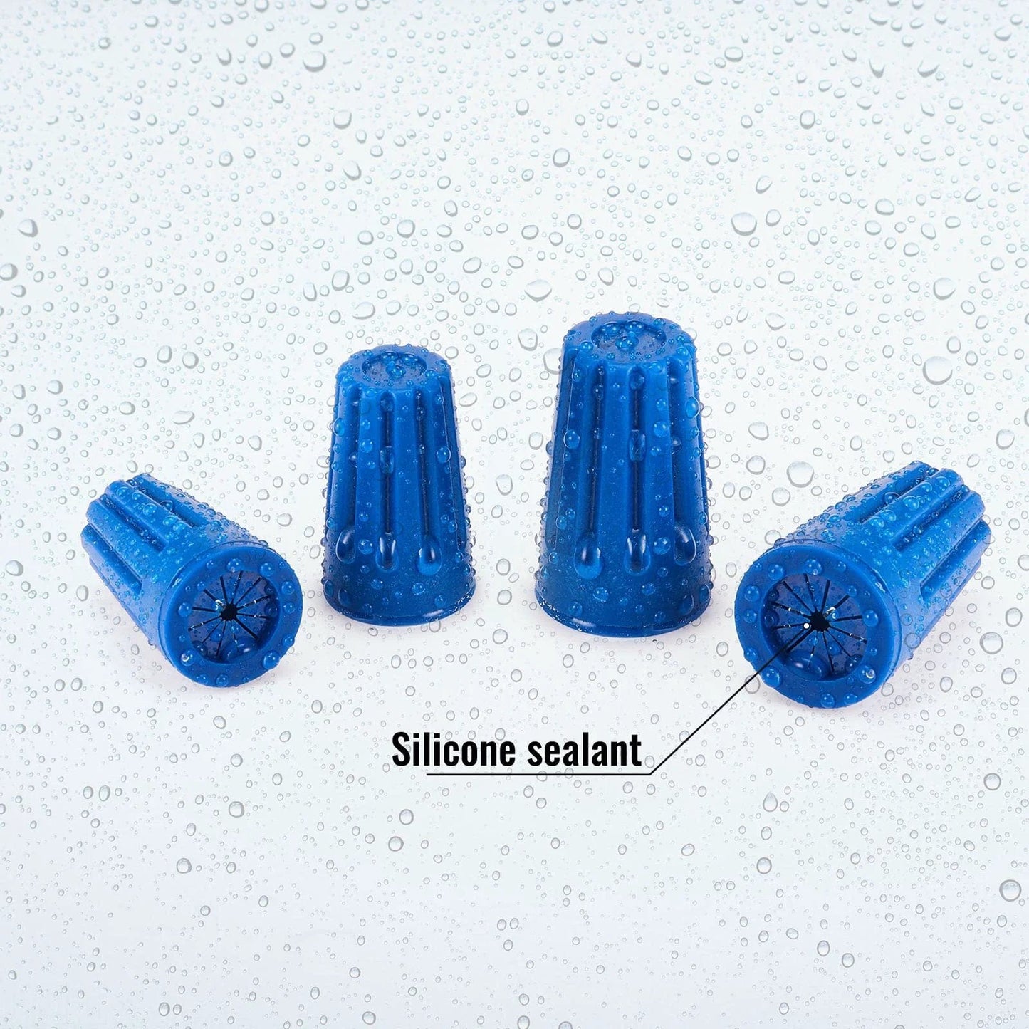 Close-up of blue 40 Pack Waterproof Outdoor Electrical Connector Kit for wet location wiring with silicone sealant visible.
