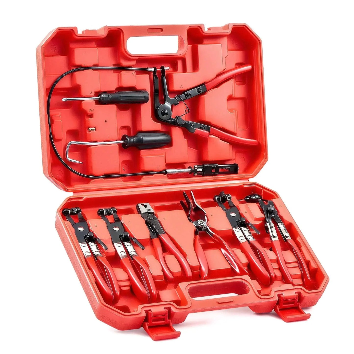 Open case displaying the Long Reach Hose Clamp Pliers Set For Automotive Radiator Hoses And Band Clamps with eight metal pieces.