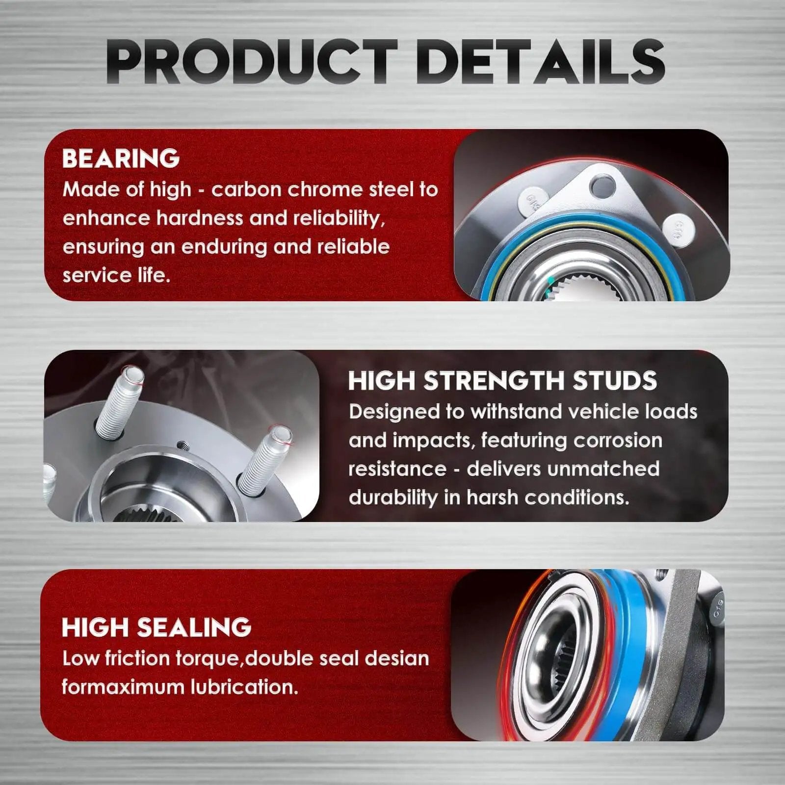 Single Front Wheel Hub & Bearing Assembly 513121 details showing bearing, high strength studs, and sealing for Chevy Impala, Pontiac, Cadillac, Buick models