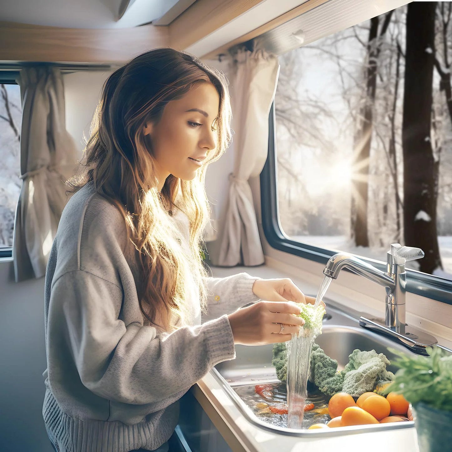 Woman rinsing vegetables in RV kitchen with winter view, using Heated Water Hose For RV 25 Ft Freeze Protection To Minus 20F.