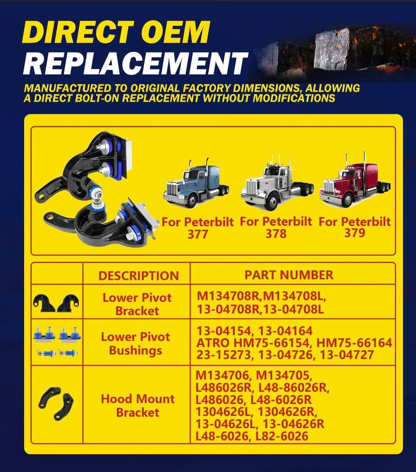 Lower Hood Pivot Kit And Hood Hinge Pivot Bolt Bushing Bracket Kit For Peterbilt 377 378 379 Trucks Direct OEM Replacement chart