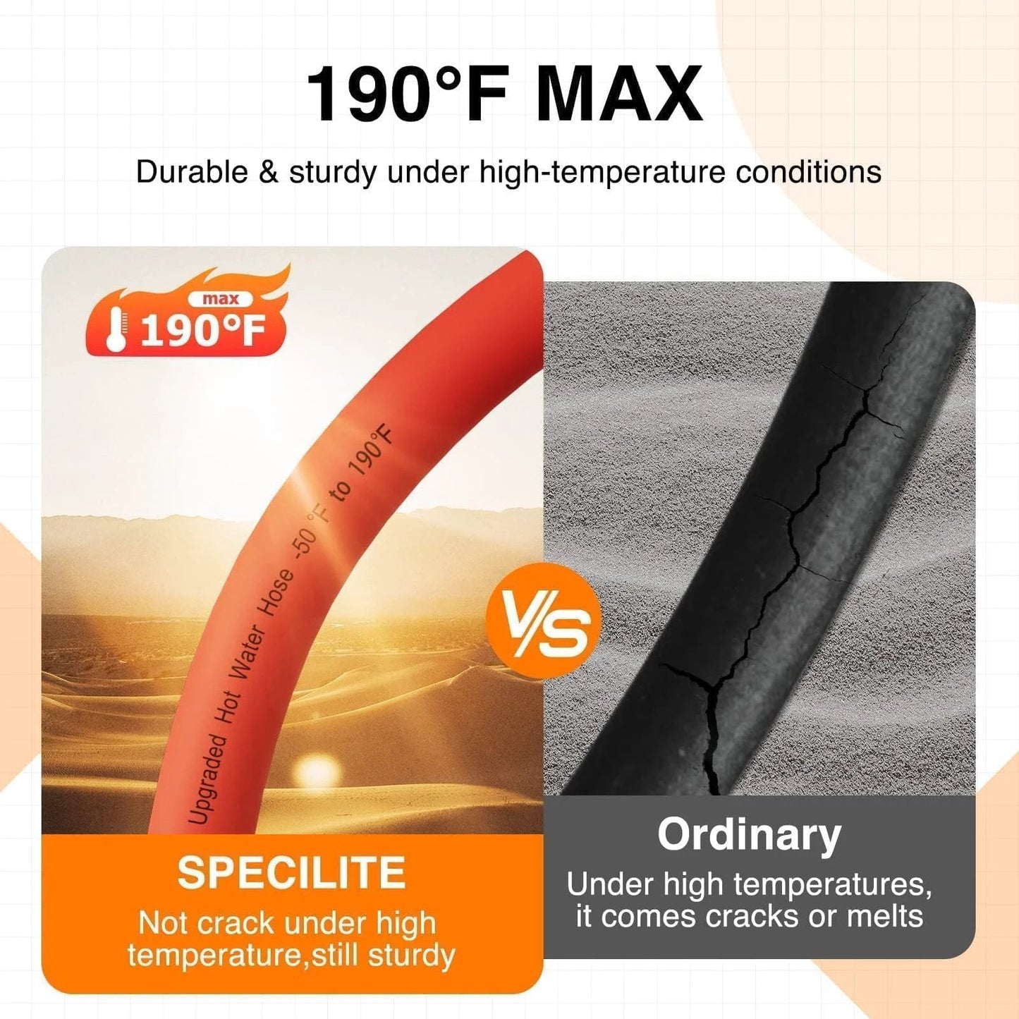 Hot And Cold Rubber Garden Hose Five Eighth Inch Fifty Foot Long With Brass Fittings, Handles Hot Water To 190 Fahrenheit shown