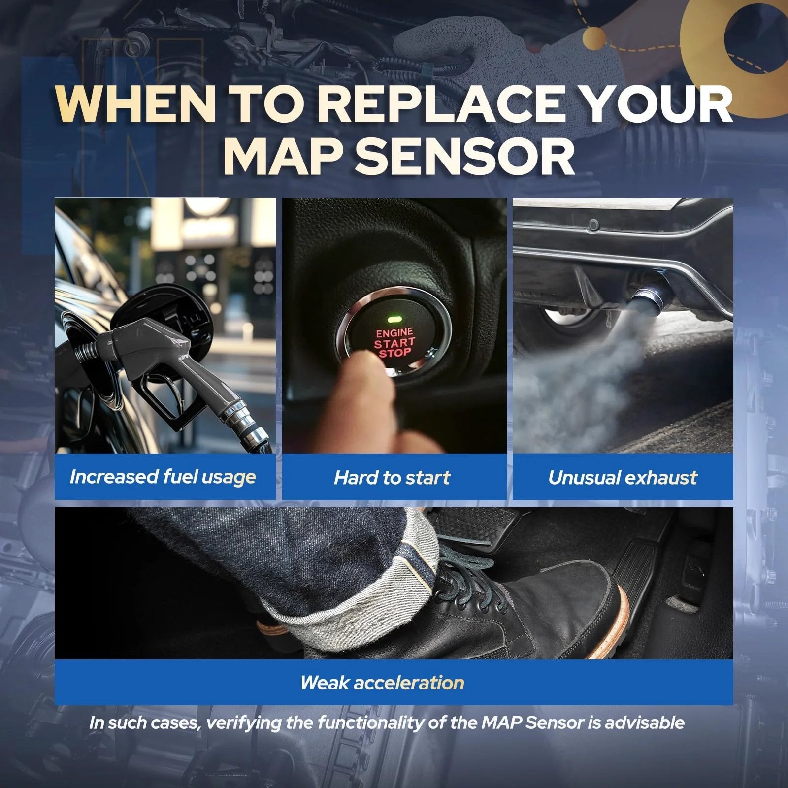 Images showing signs to replace MAP Sensor For Toyota Vehicles 2018 2025 Works With RAV4 Prime Camry such as fuel usage.