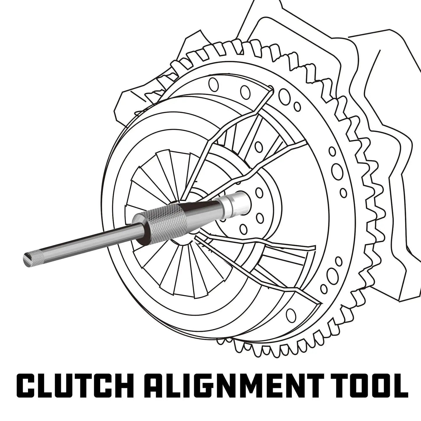Diagram of Metric And SAE Clutch Alignment Tool Set aligning a clutch disc and flywheel for precise installation.