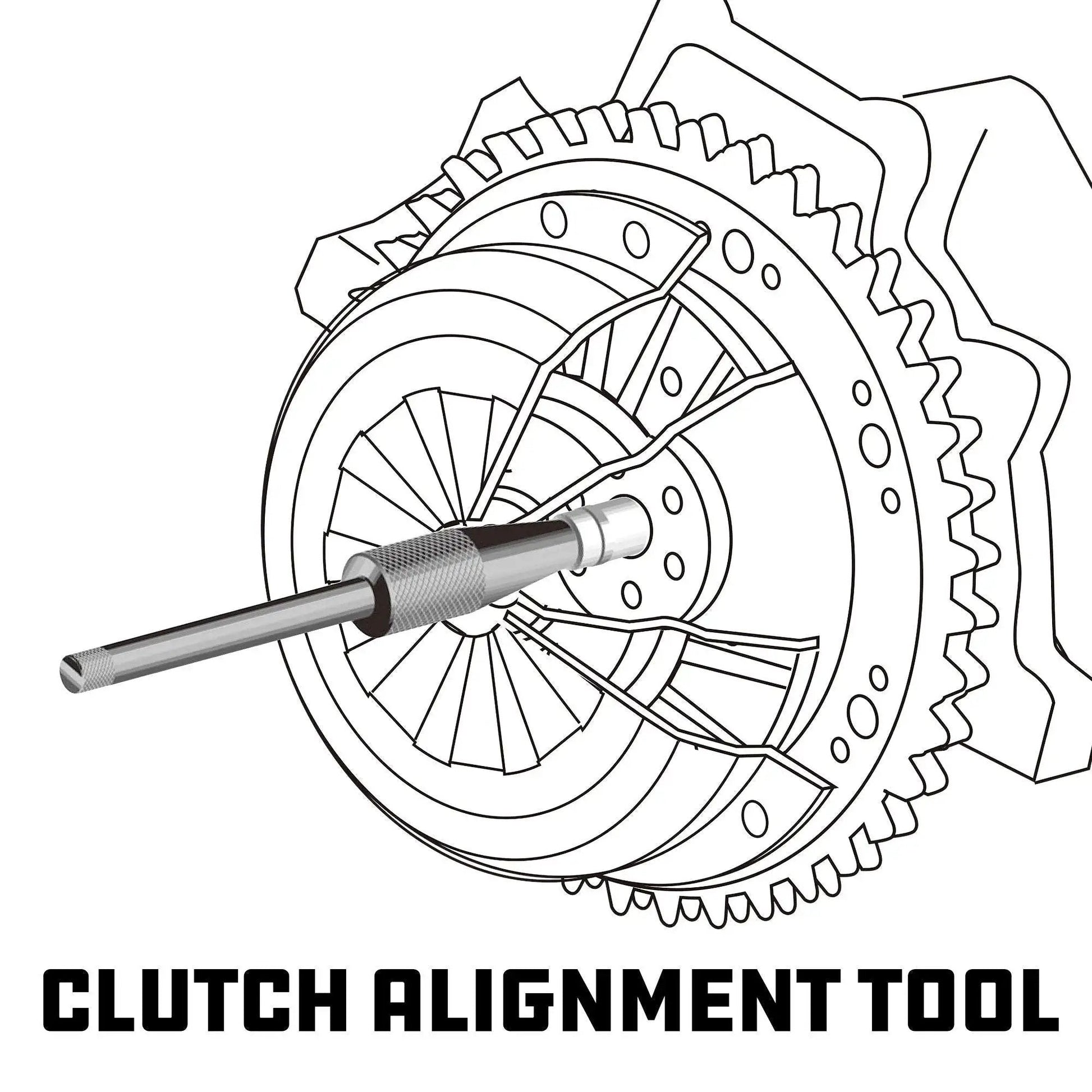 Diagram of Metric And SAE Clutch Alignment Tool Set aligning a clutch disc and flywheel for precise installation.