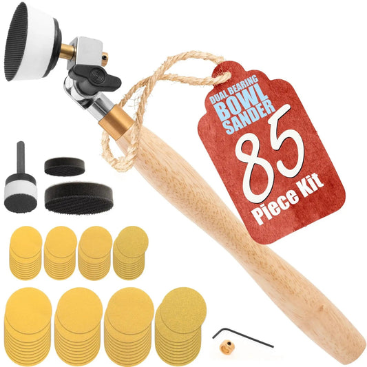 Woodturning Bowl Sander Kit With Dual Bearing Head And Hardwood Handle, 85 Piece Set, showing sanding discs and mandrel