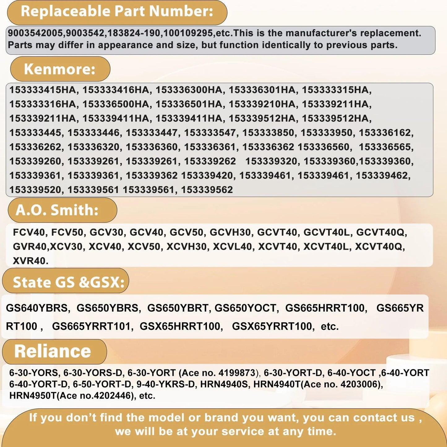 Compatibility chart for Easy Install Natural Gas Pilot Assembly Replacement For Reliance A O Smith Kenmore And State GS And GSX Water Heaters 9003542.