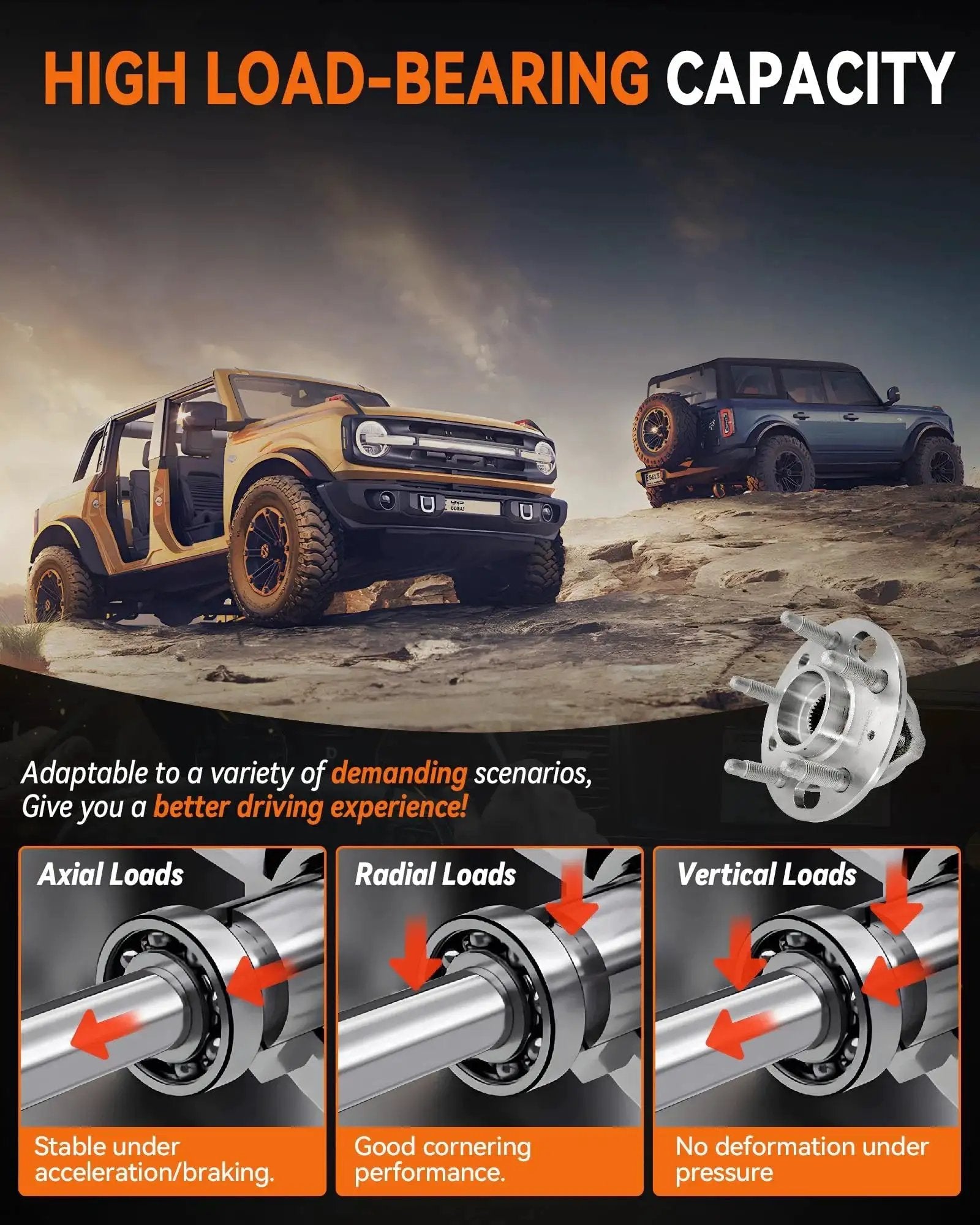 Off-road vehicles on rocky terrain with an inset showing 2Pcs 513288 Front Or Rear Wheel Bearing Hub Assembly for GM vehicles, with load descriptions.