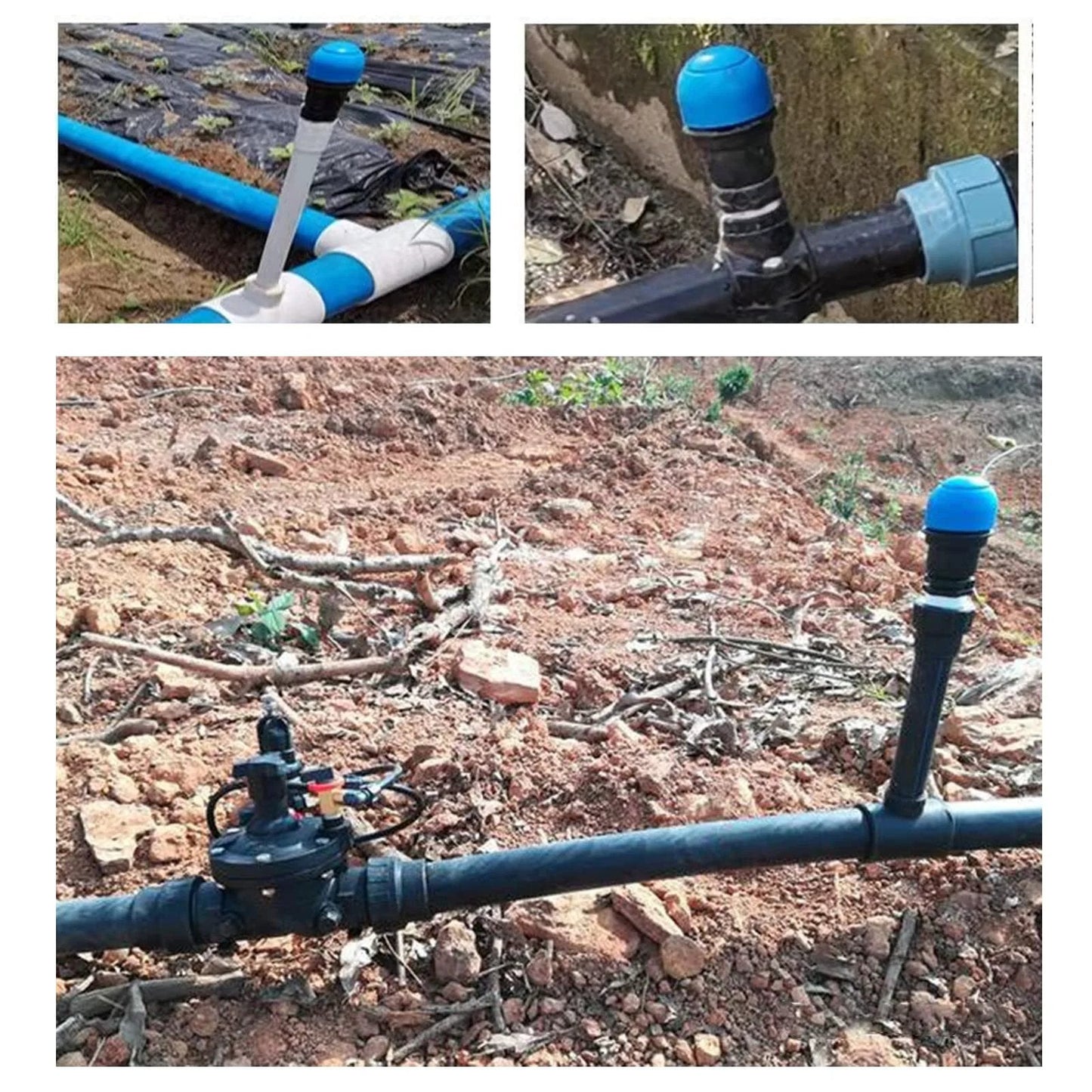 Installed Three Quarter Inch Air Relief Valve for Irrigation Systems, Automatic Air and Vacuum Release, Water Saving Drip Irrigation.