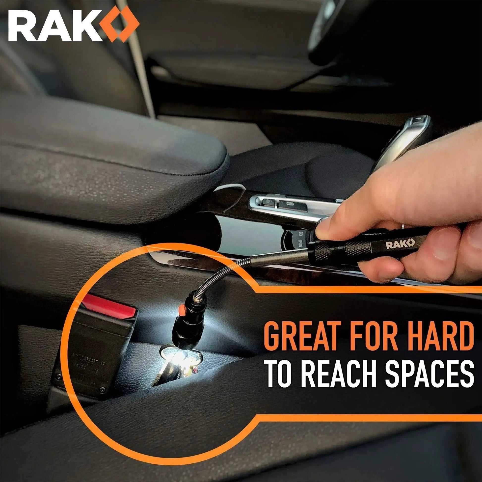 Person using Magnetic Pickup Tool For Men With LED Flashlight And 22 Inch Extendable Neck Telescoping Magnet in car interior