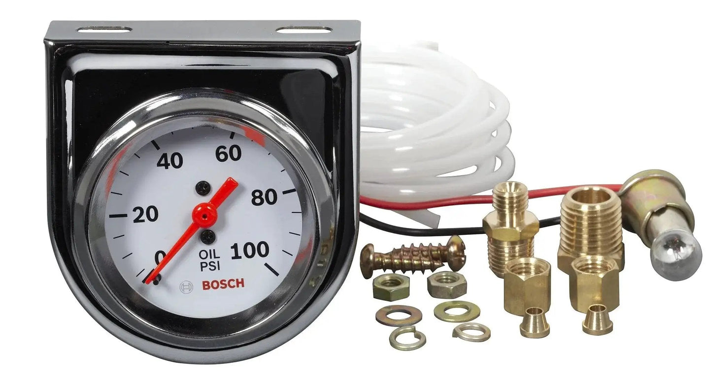 Style Line 2 Inch Mechanical Oil Pressure Gauge With White Dial And Chrome Bezel By Bosch SP0F000044, 0 To 100 PSI, tubing, fittings