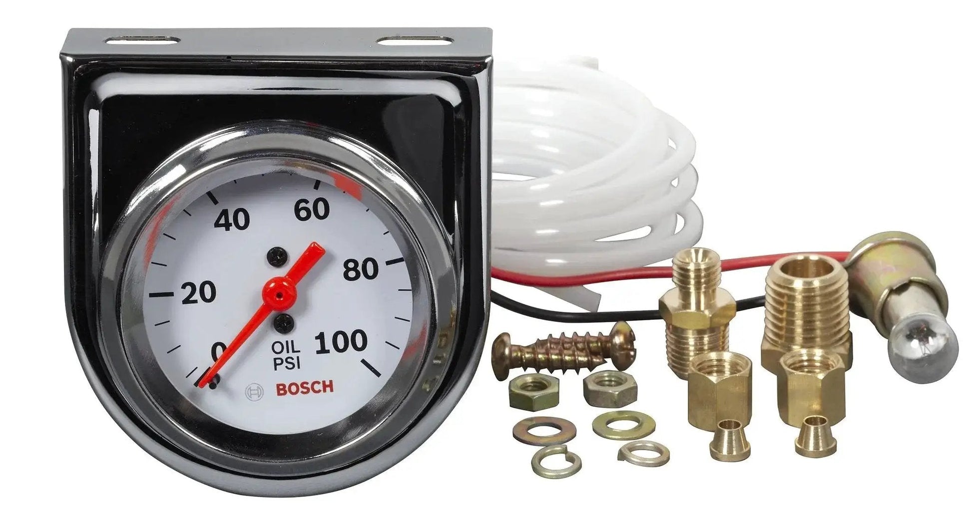 Style Line 2 Inch Mechanical Oil Pressure Gauge With White Dial And Chrome Bezel By Bosch SP0F000044, 0 To 100 PSI, tubing, fittings