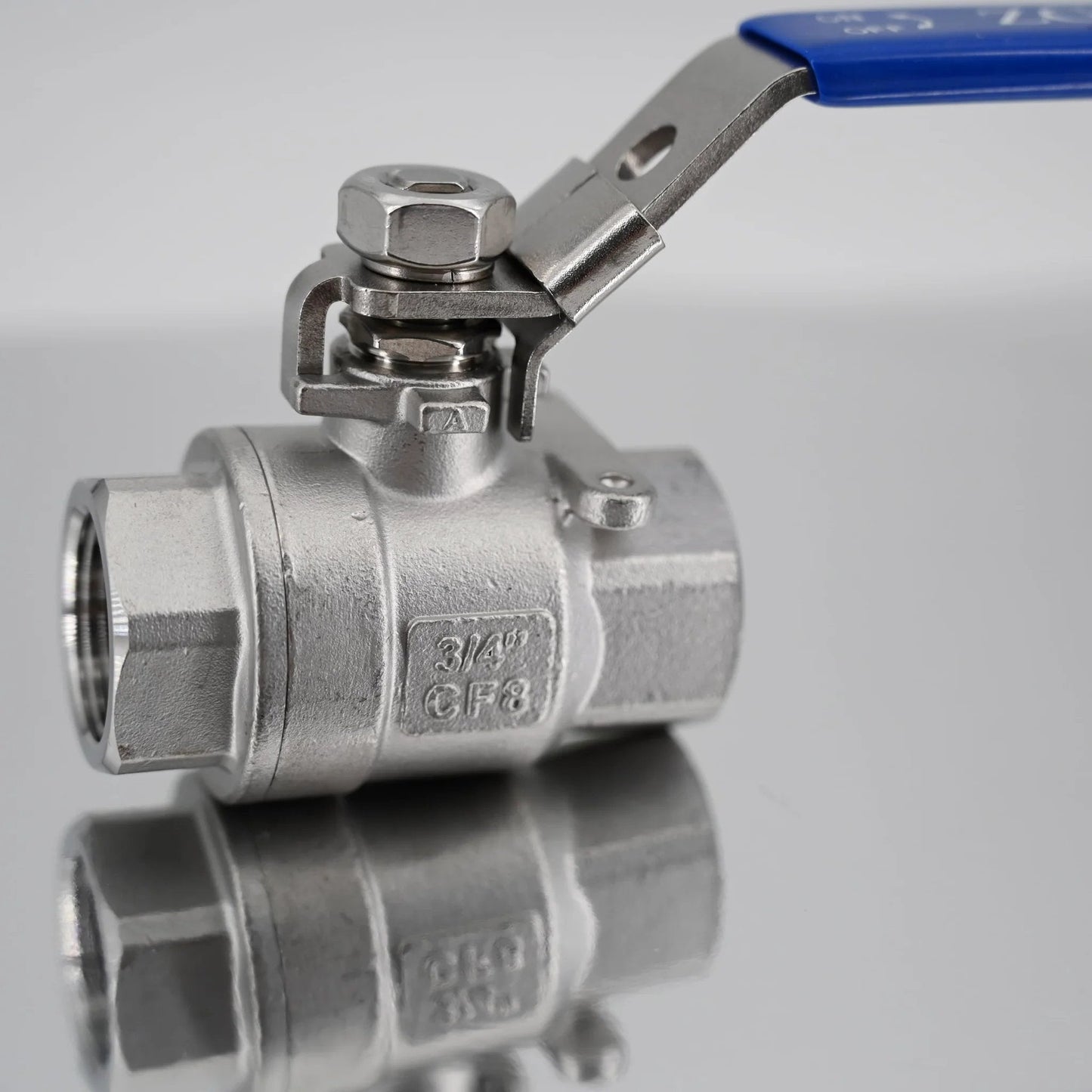 Workhorse Three Quarter Inch 304 Stainless Steel Full Port Ball Valve NPT Female To Female With Blue Vinyl Handle Locking Device
