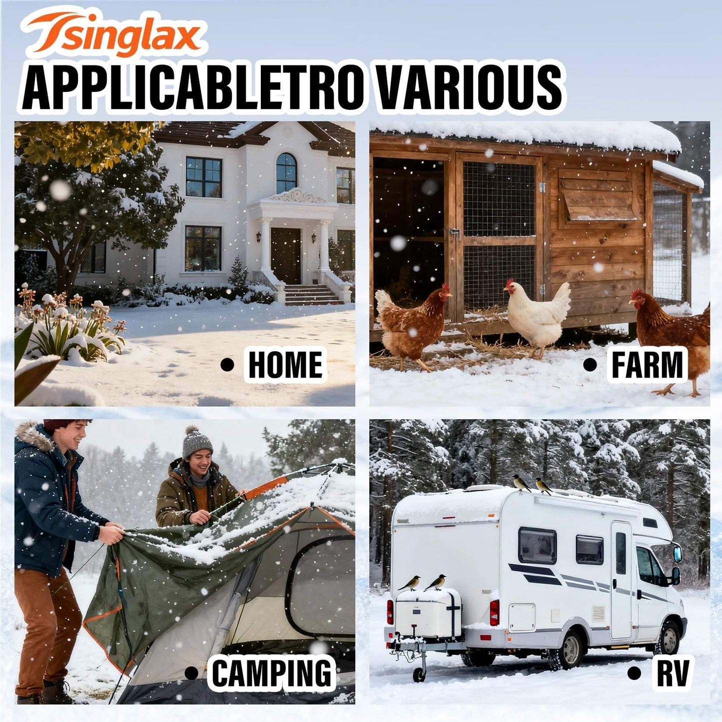 Heated Water Hose For RV And Outdoors 30ft With Minus Forty Five Degree Fahrenheit Freeze Protection Lead Free And BPA Free Drinking Water Safe Ideal For Campers Garden Livestock And Home Use With Smart Temperature Control shown in various settings: home, farm, camping, and RV.