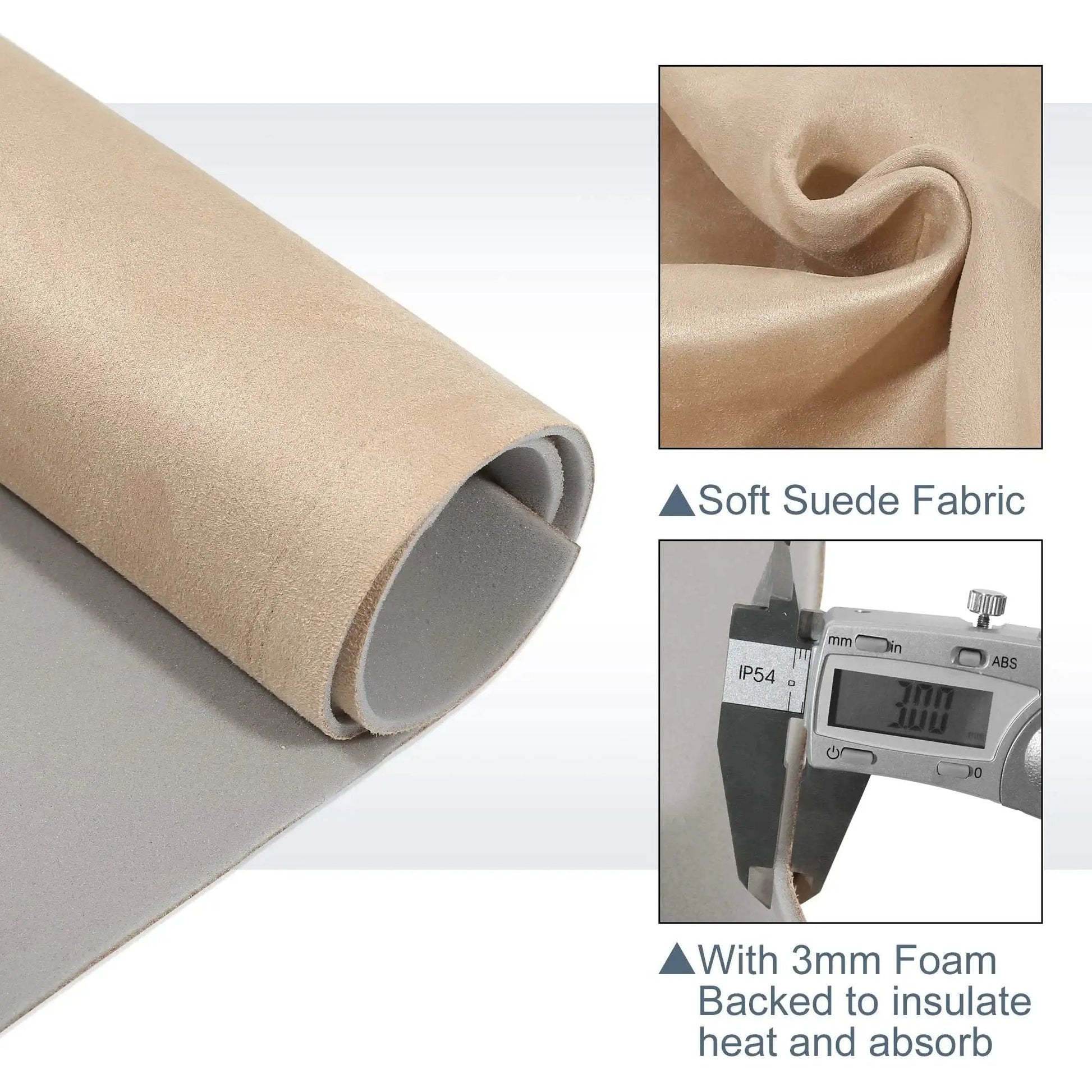 Beige Suede Headliner Fabric With 3mm Foam Backing For Car Truck SUV Interior showing rolled fabric and thickness measurement.