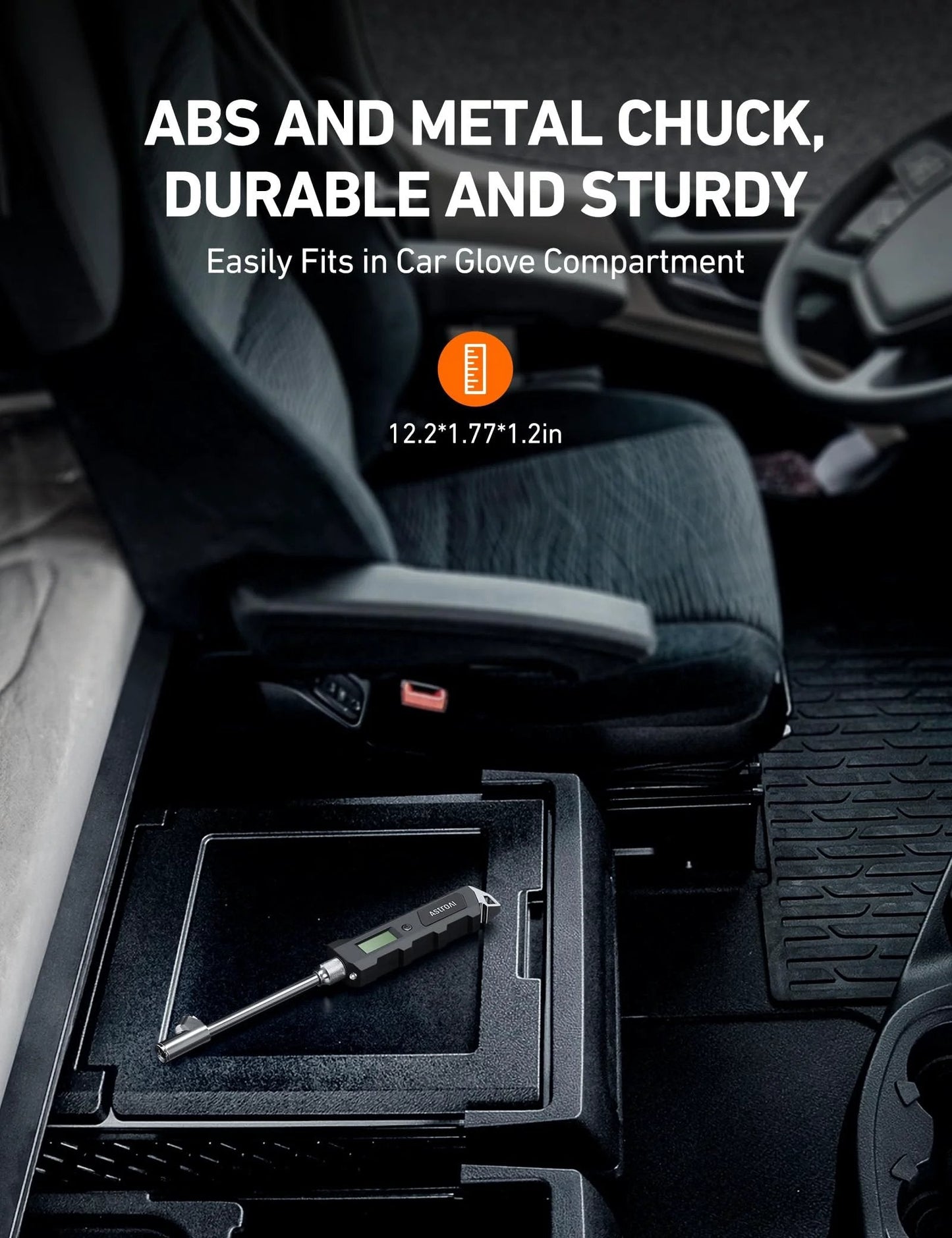Heavy Duty Digital Tire Pressure Gauge With Backlit LCD And Built In Flashlight, 0-230 PSI, in car glove compartment