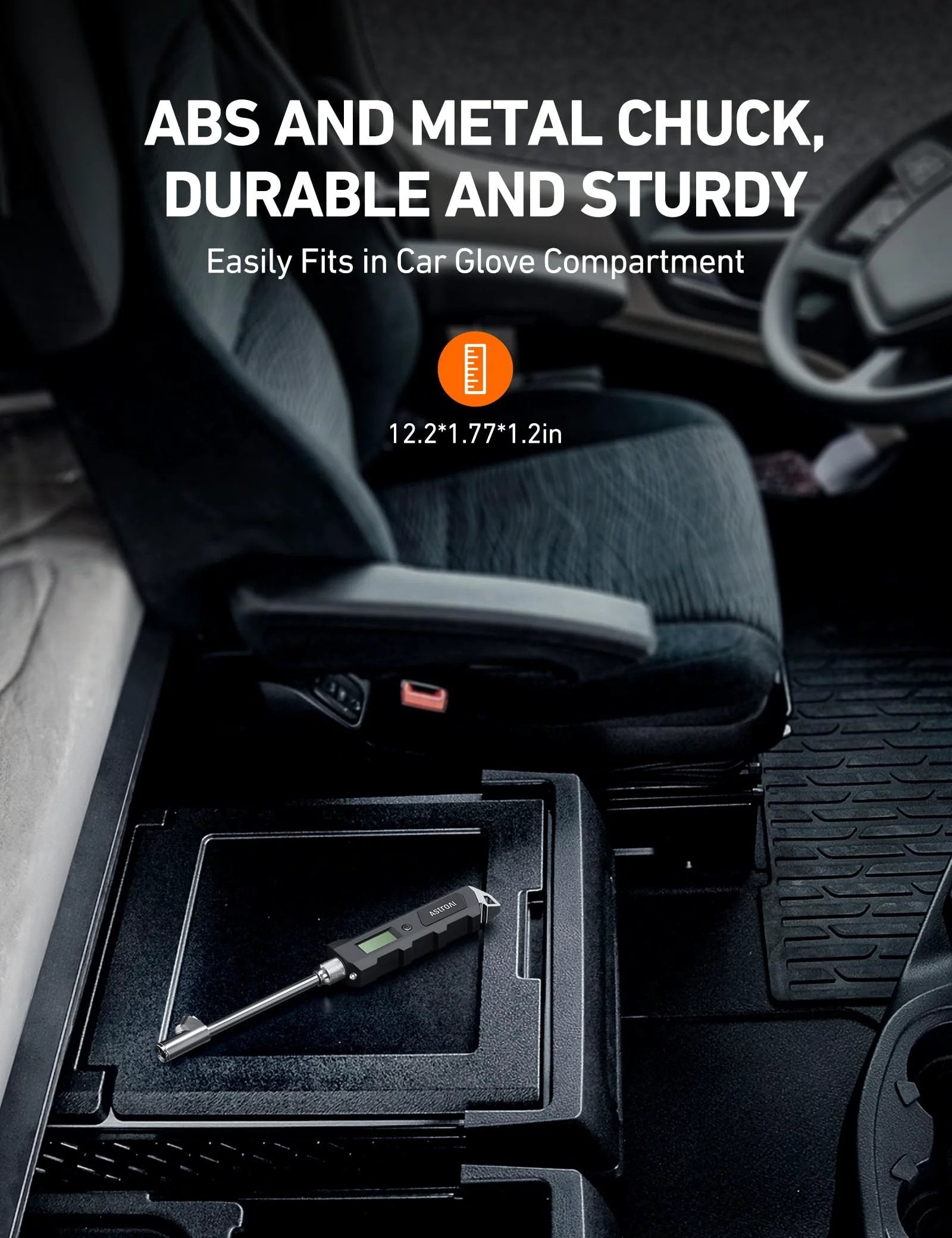 Heavy Duty Digital Tire Pressure Gauge With Backlit LCD And Built In Flashlight, 0-230 PSI, in car glove compartment
