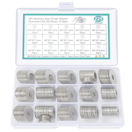 304 Stainless Steel Flat Washers Set, 225 Pieces In 15 Sizes Fender Washers For Screws M3 M4 M5 M6 M8 M10 M12, Built To Last, Durable Weather Resistant Hardware Kit For Home DIY Projects Factories And Outdoor Use