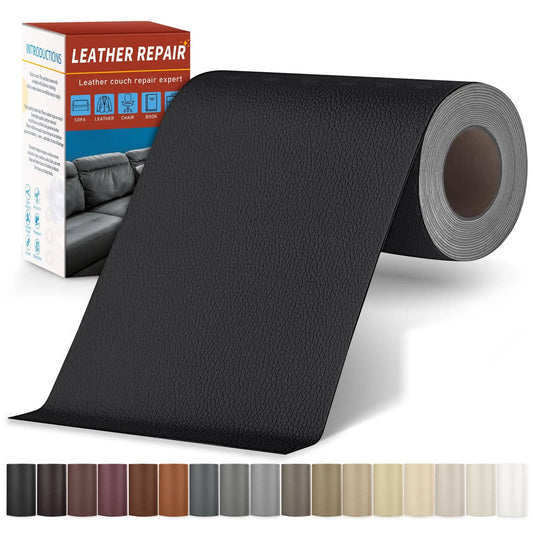Leather Repair Patch Kit 4x63 Inch Self Adhesive Tape For Furniture And Car Seats Black rolled up with packaging and colour options.