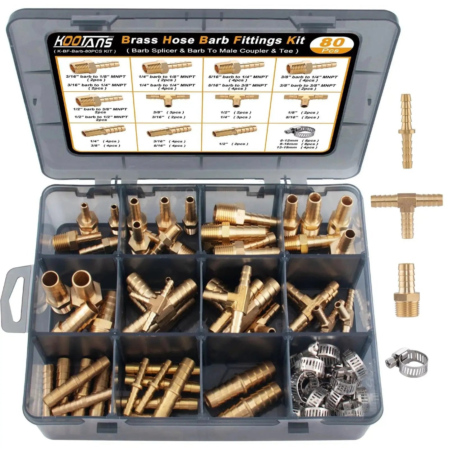 Brass Hose Barb Fittings Kit For Air Water And Fuel Lines KOOTANS 80 Piece Barbed Fittings Set with barb splicer and tee connectors in box