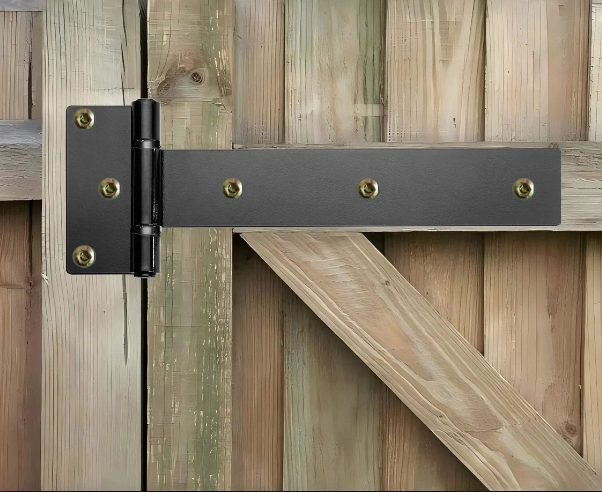 Industrial Strength 12 Inch T Strap Gate Hinges 4mm Thick 180 Degree Swing Rust Proof Black Steel installed on wooden gate