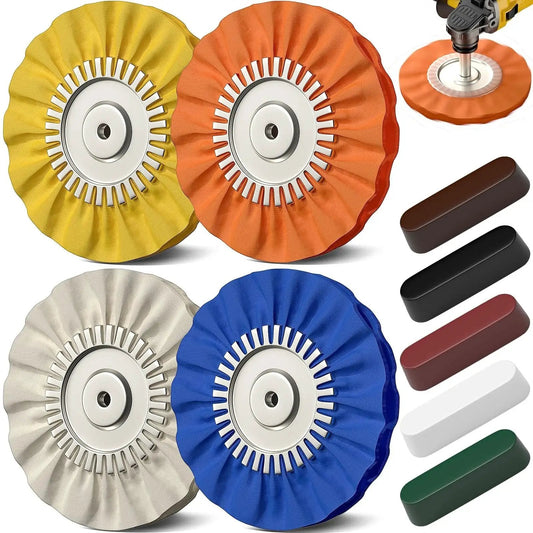 Pro Grade 8 Inch Buffing Wheel Polishing Kit For Four Point Five Inch Angle Grinder With Nine Pieces Includes Four Wheels And Five Aluminum Compound Bars Five Eighth Inch Arbor Car Metal And Paint Finishing For A Mirror Finish