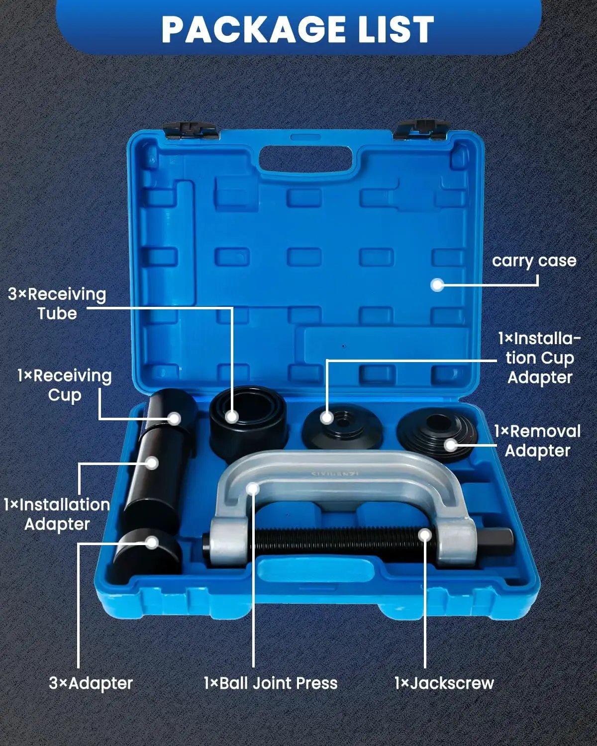 Ball Joint Press And U Joint Kit For Cars And Light Trucks 10 Piece Set in a blue carry case with labeled components visible
